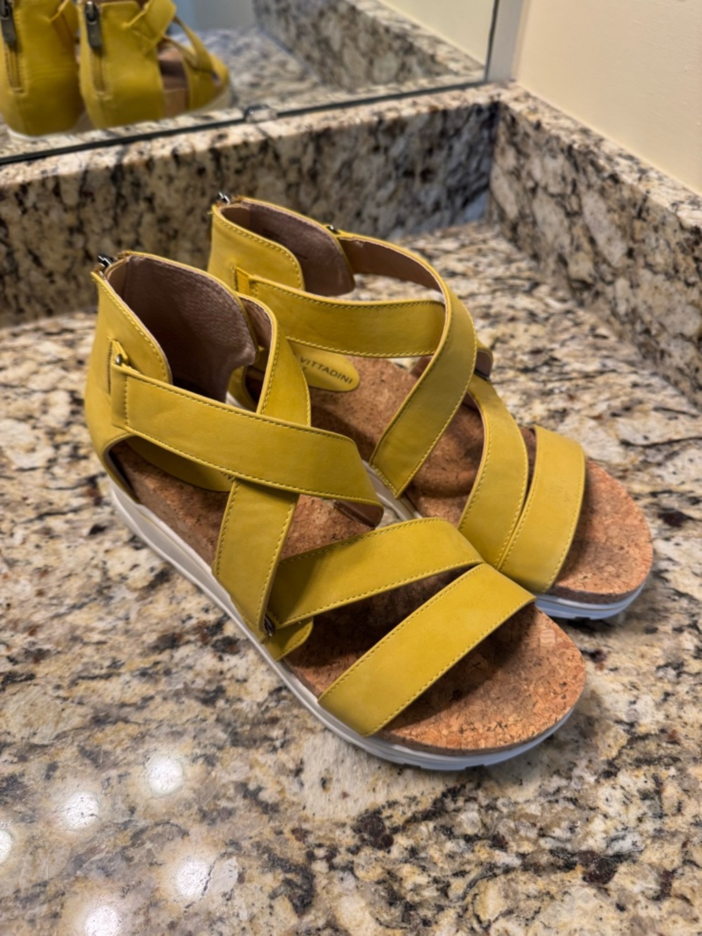 Adrienne Vittadini Yellow Cross-Strap Wedge Sandals